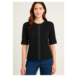 Liz Claiborne Black Knit Cardigan Grosgrain Ribbon Trim Cuff Sleeve Sweater PM